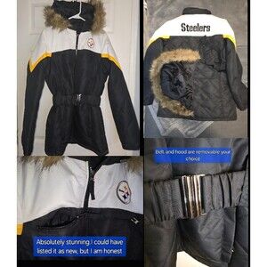 Womens Pittsburgh Steelers Y2K Coat SZ S Fur Stunning Quilted Belt Hood